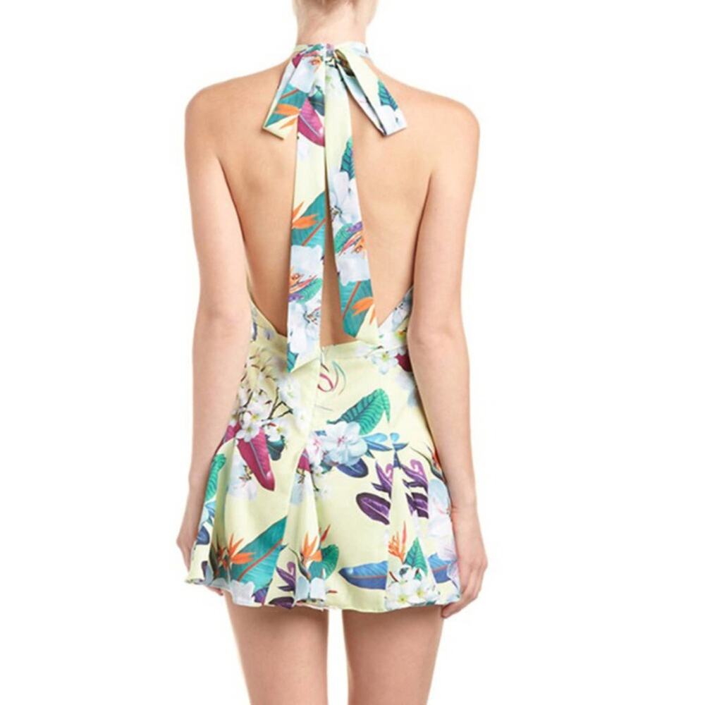 Tropical NWT Floral Print Mini Dress Halter Backless Yellow Pink Sleeveless - Picture 5 of 9